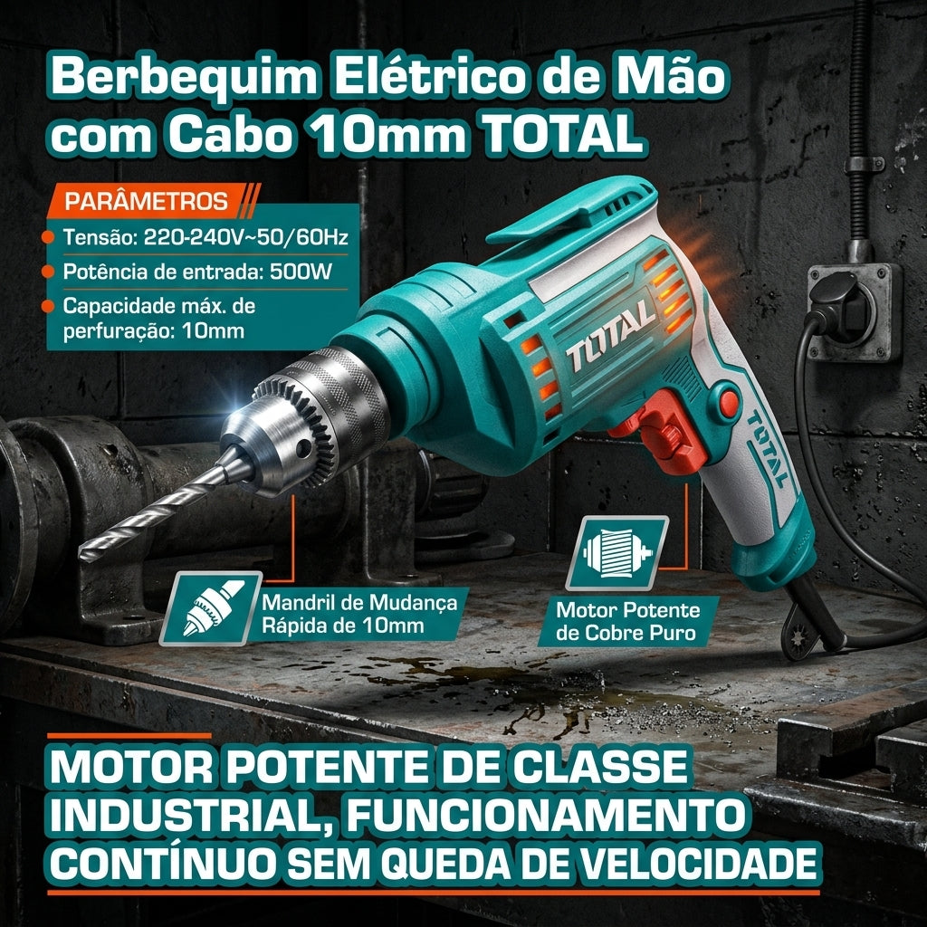 Furadeira Elétrica Industrial TOTAL 10mm 500W Motor Cobre Puro Mandril Precisão