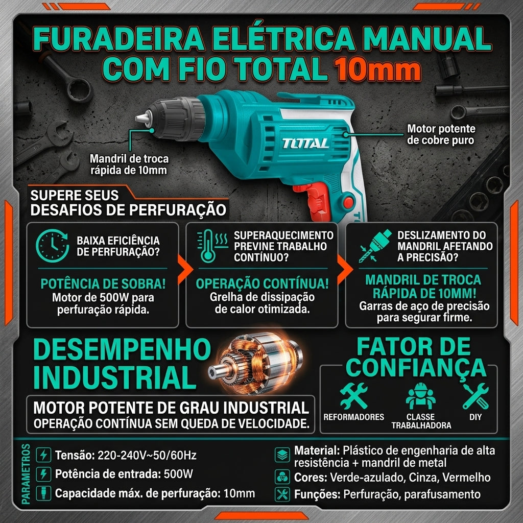 Furadeira Elétrica Industrial TOTAL 10mm 500W Motor Cobre Puro Mandril Precisão