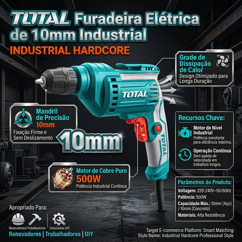Furadeira Elétrica Industrial TOTAL 10mm 500W Motor Cobre Puro Mandril Precisão