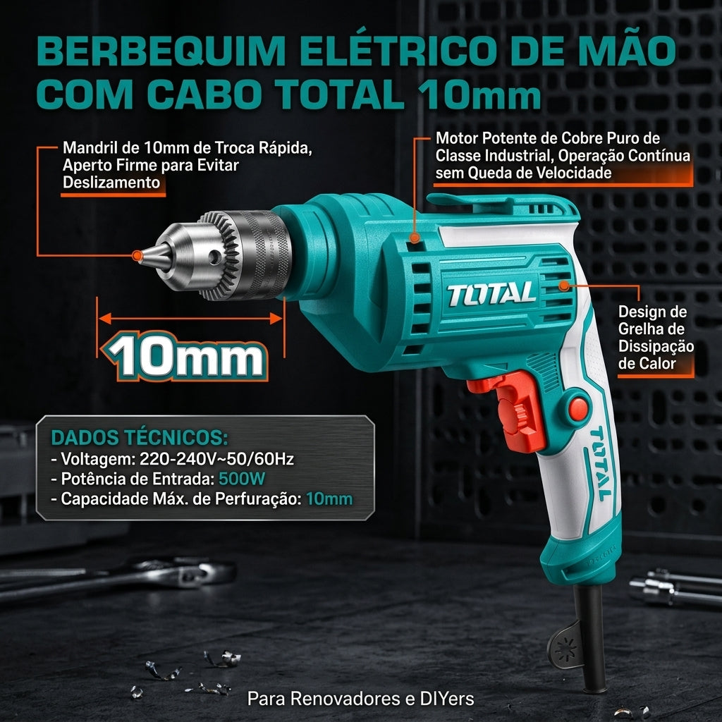 Furadeira Elétrica Industrial TOTAL 10mm 500W Motor Cobre Puro Mandril Precisão