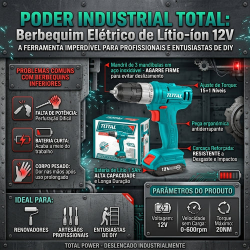 Berbequim Elétrico de Lítio-Íon TOTAL 12V Torque Máximo 20NM 15+1 Níveis de Torque