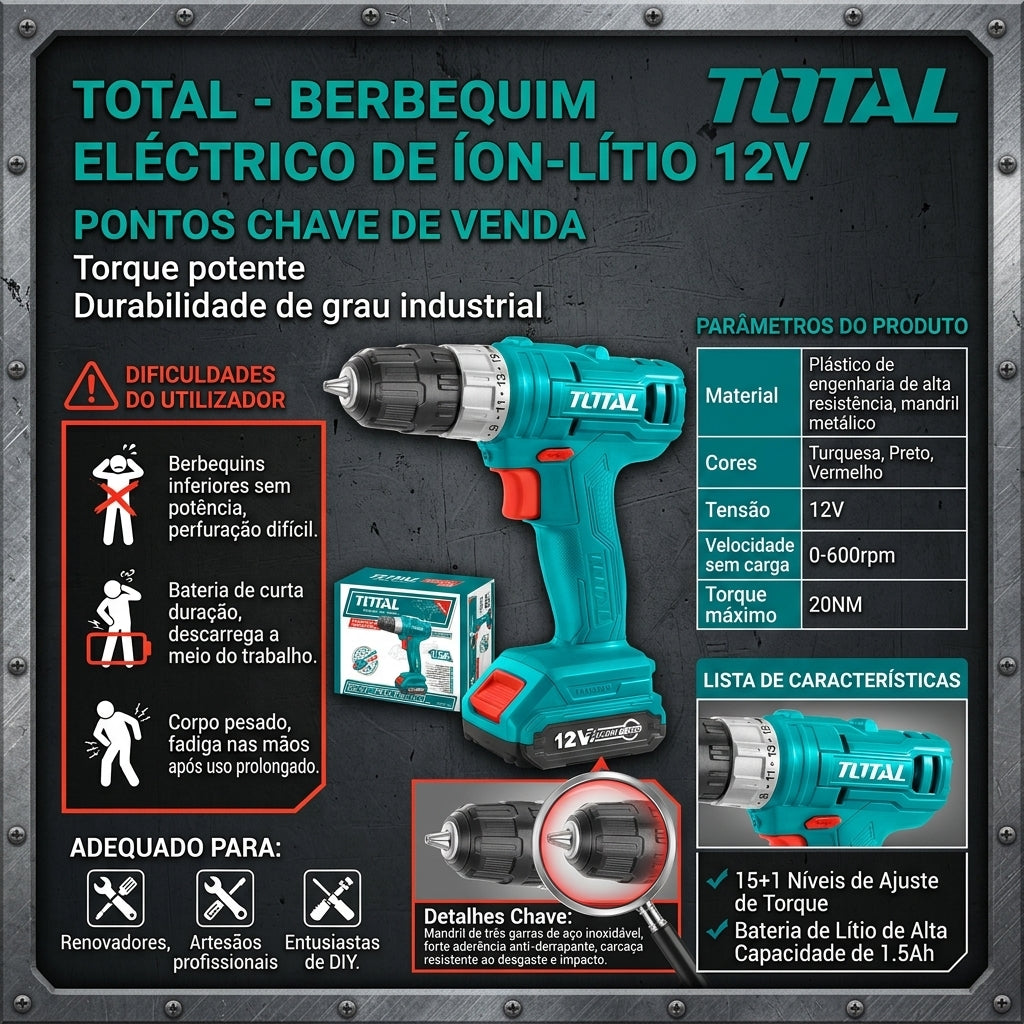 Berbequim Elétrico de Lítio-Íon TOTAL 12V Torque Máximo 20NM 15+1 Níveis de Torque
