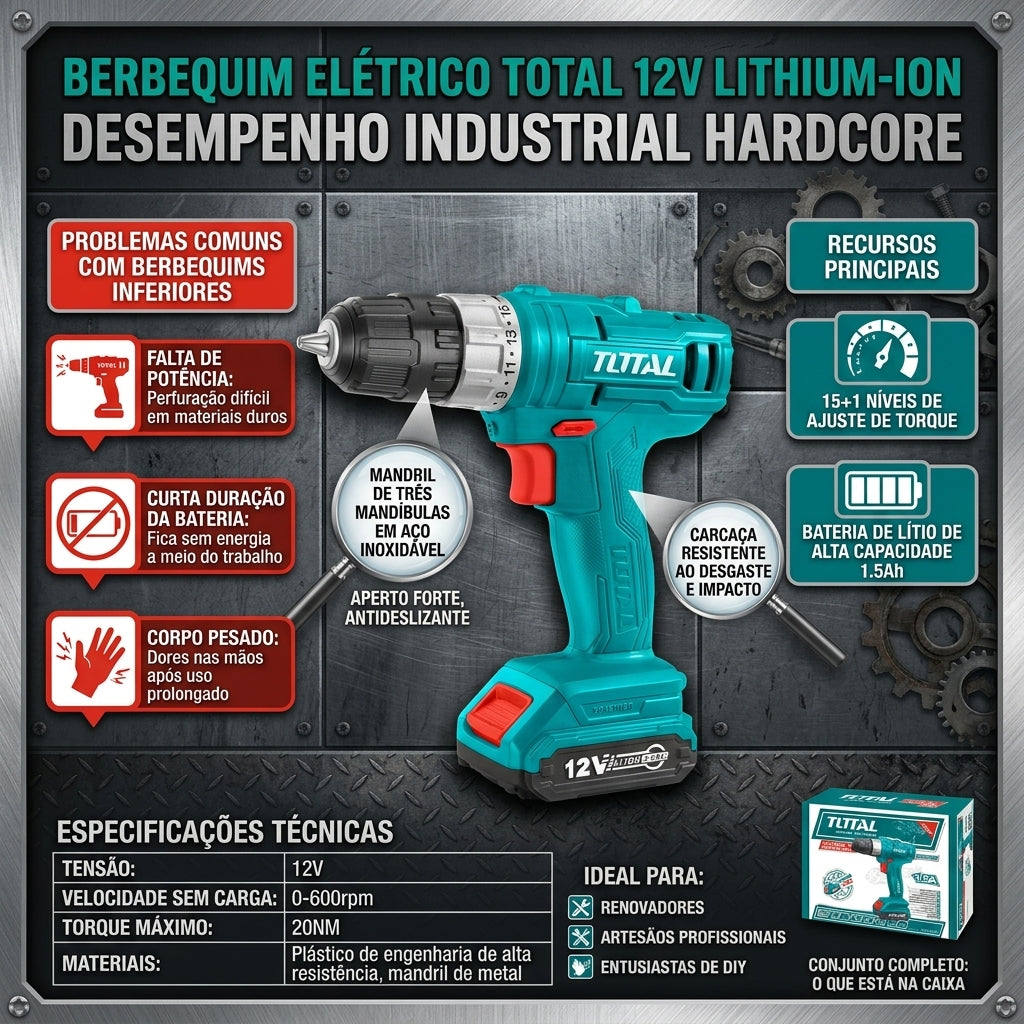 Berbequim Elétrico de Lítio-Íon TOTAL 12V Torque Máximo 20NM 15+1 Níveis de Torque