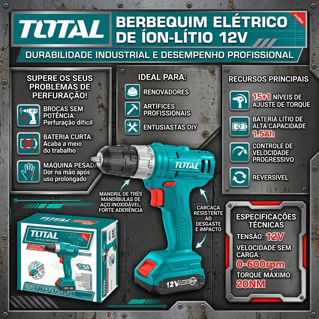 Berbequim Elétrico de Lítio-Íon TOTAL 12V Torque Máximo 20NM 15+1 Níveis de Torque