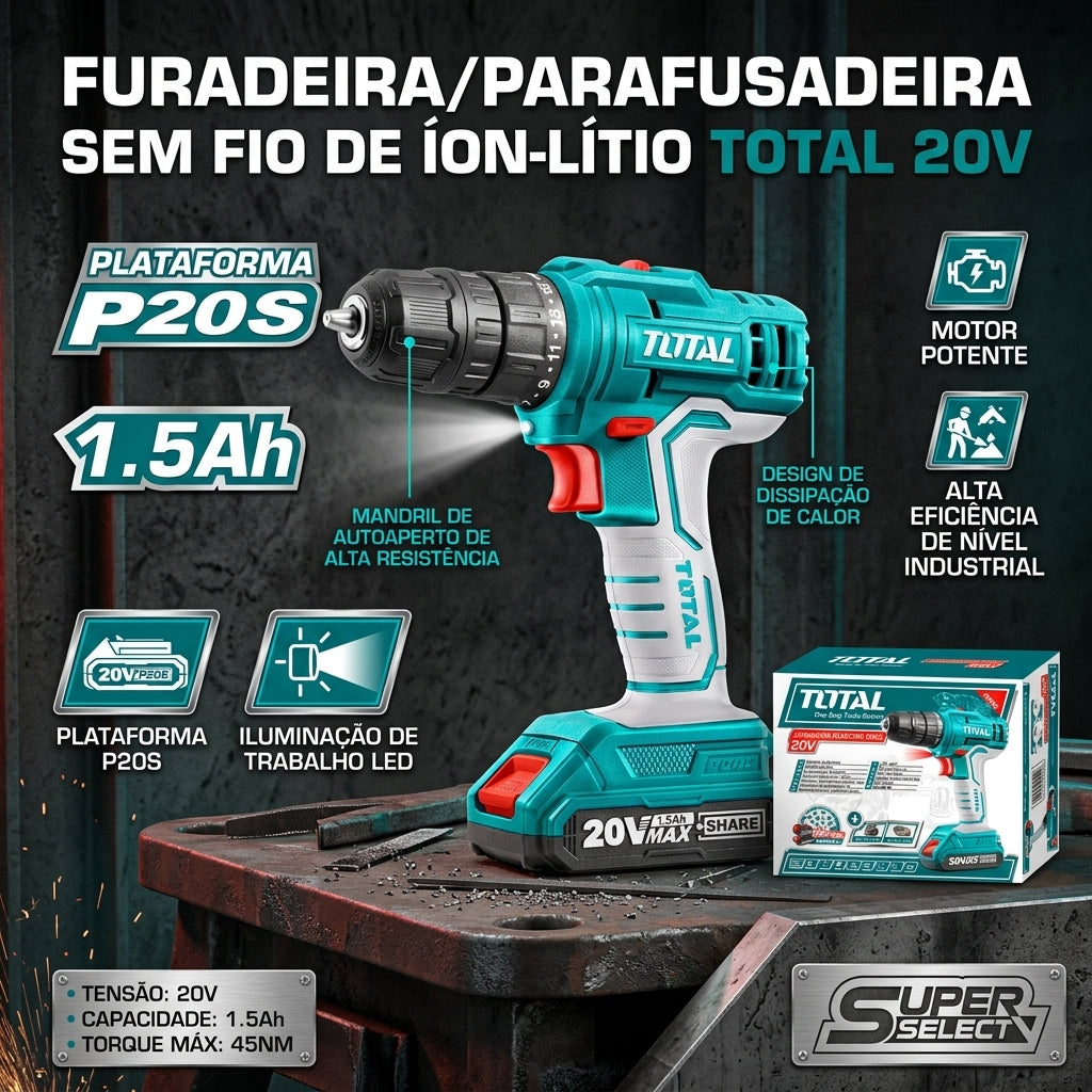 Berbequim Elétrico de Lítio TOTAL 20V P20S Torque Máximo 45NM Bateria 1.5Ah