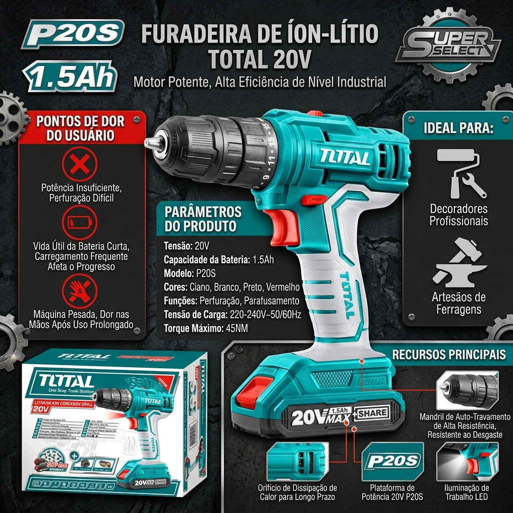 Berbequim Elétrico de Lítio TOTAL 20V P20S Torque Máximo 45NM Bateria 1.5Ah