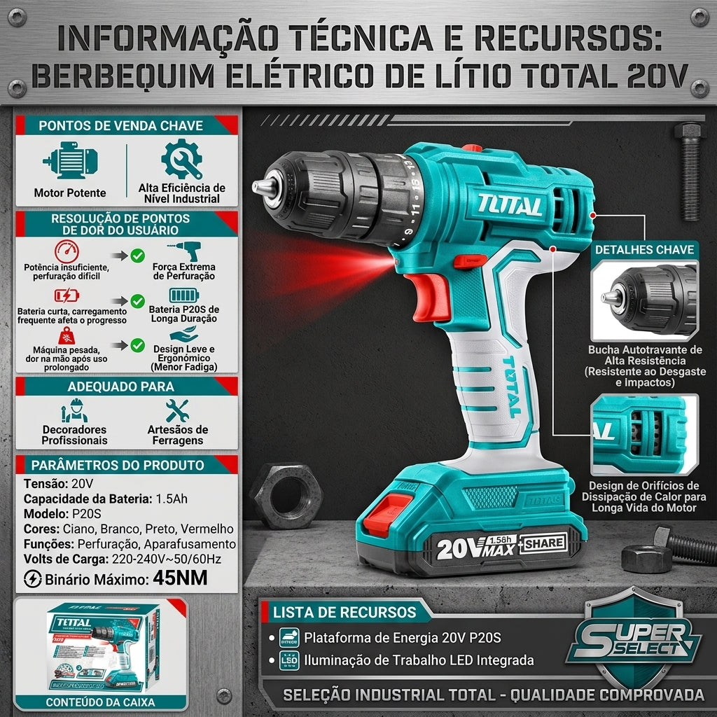 Berbequim Elétrico de Lítio TOTAL 20V P20S Torque Máximo 45NM Bateria 1.5Ah