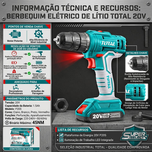 Berbequim Elétrico de Lítio TOTAL 20V P20S Torque Máximo 45NM Bateria 1.5Ah