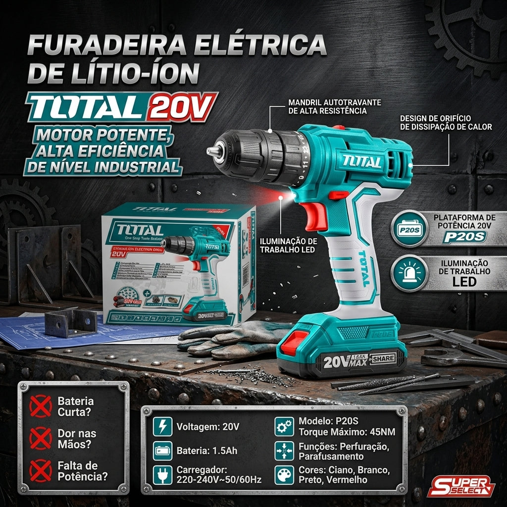 Berbequim Elétrico de Lítio TOTAL 20V P20S Torque Máximo 45NM Bateria 1.5Ah