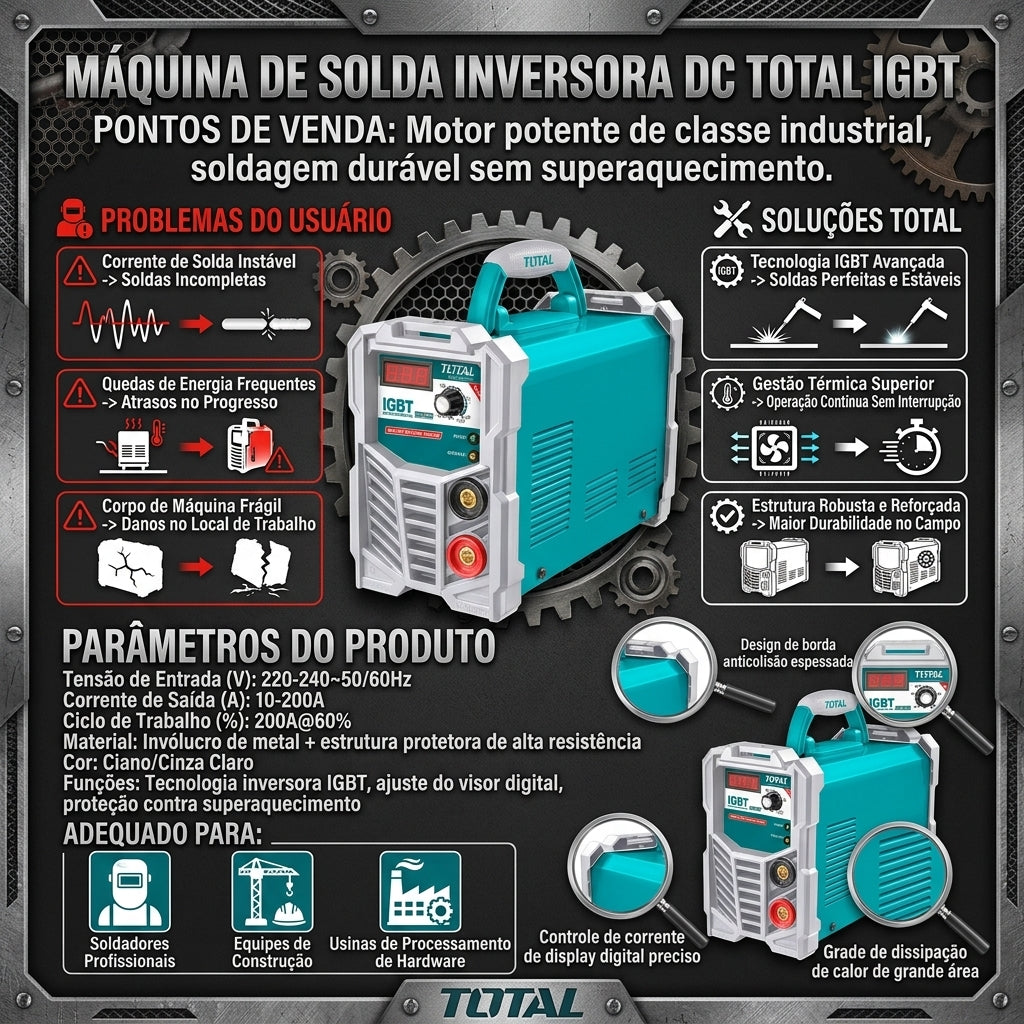 Inversora de Solda TOTAL IGBT DC 10-200A Tensão 220-240V Display Digital Proteção Superaquecimento