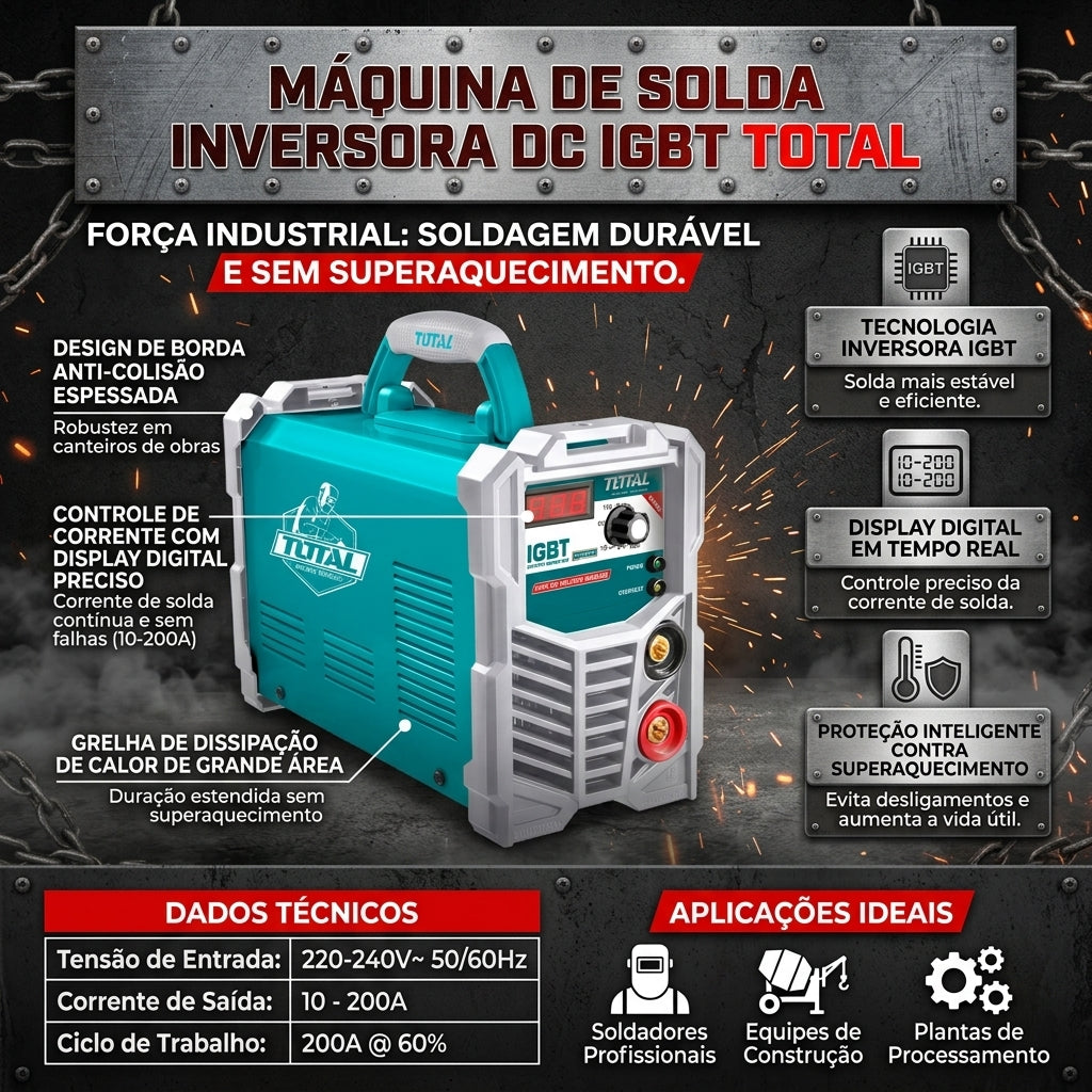 Inversora de Solda TOTAL IGBT DC 10-200A Tensão 220-240V Display Digital Proteção Superaquecimento