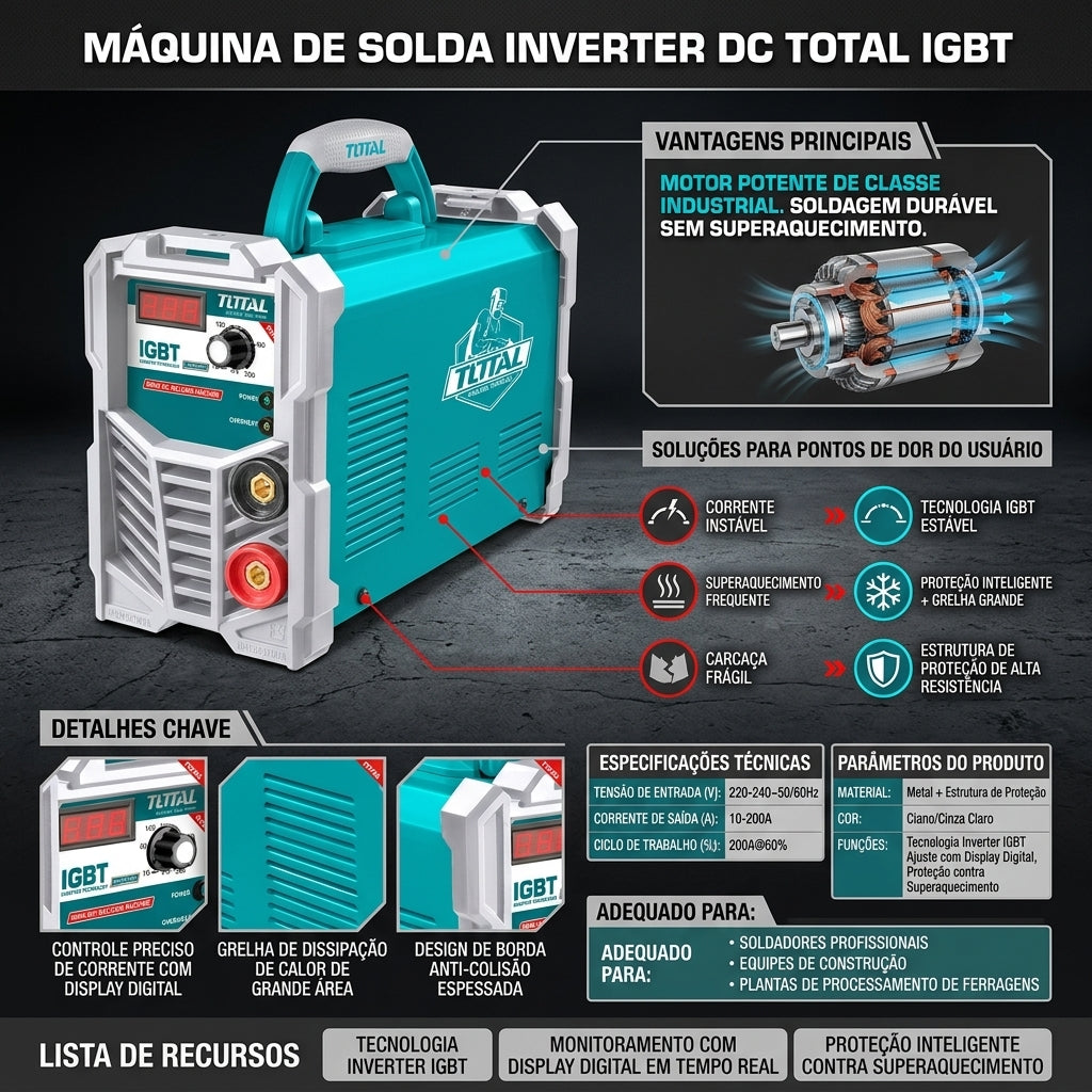 Inversora de Solda TOTAL IGBT DC 10-200A Tensão 220-240V Display Digital Proteção Superaquecimento