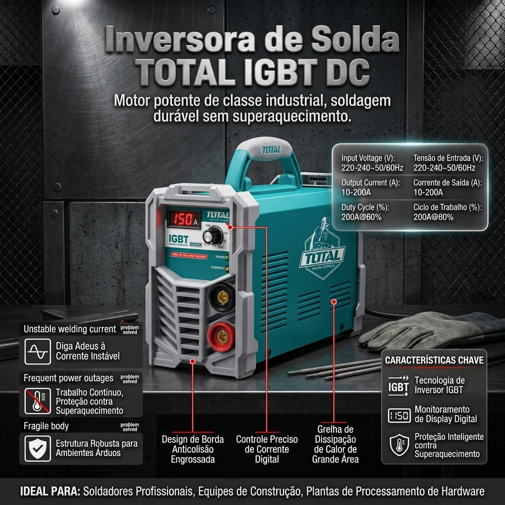 Inversora de Solda TOTAL IGBT DC 10-200A Tensão 220-240V Display Digital Proteção Superaquecimento