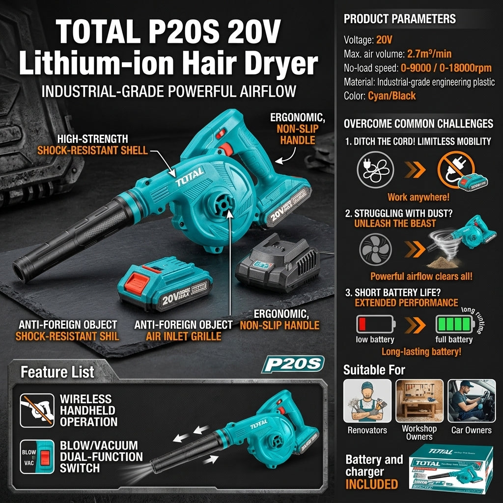 Soprador Industrial Recarregável TOTAL 20V Volume Máximo 2.7m³/min Velocidade Ajustável
