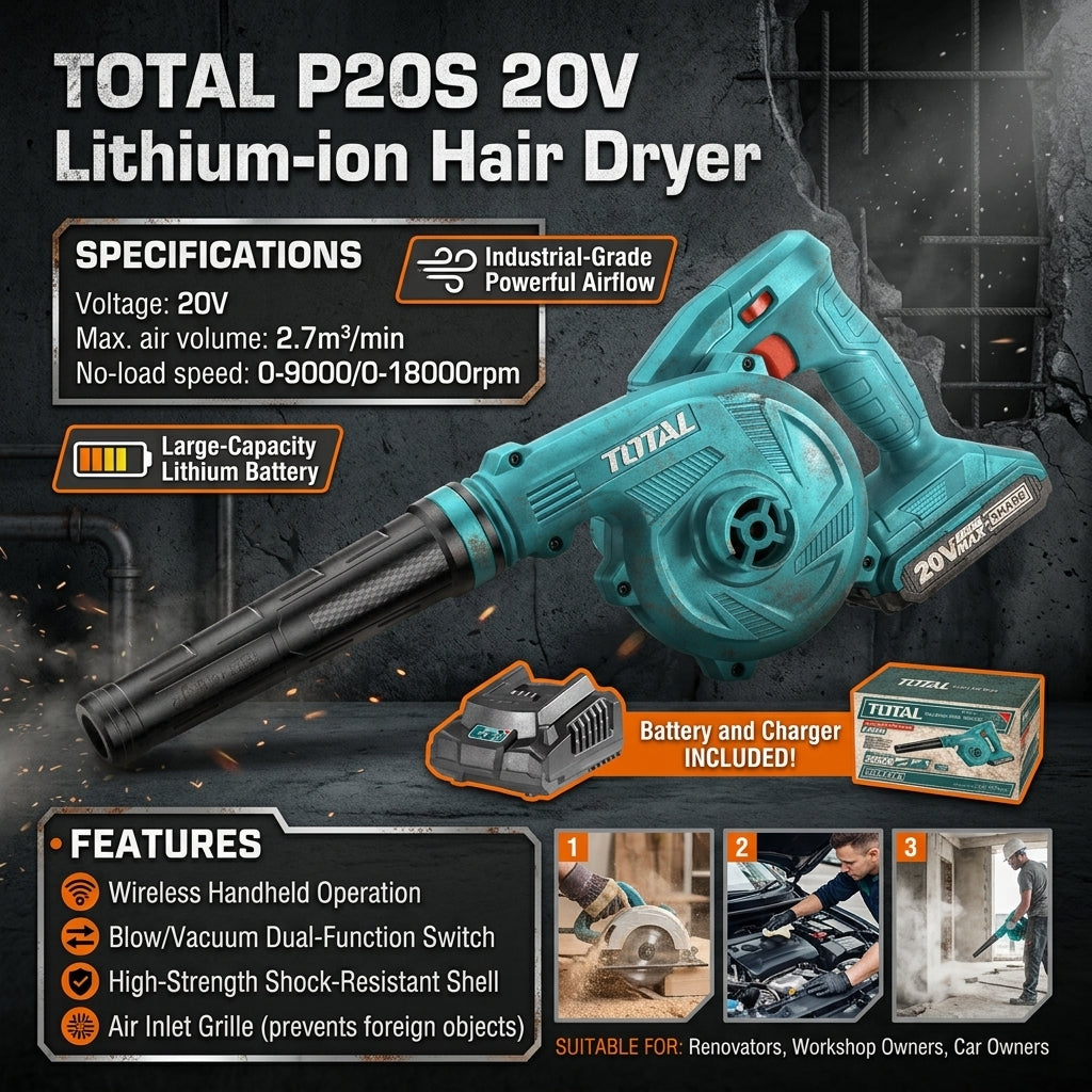 Soprador Industrial Recarregável TOTAL 20V Volume Máximo 2.7m³/min Velocidade Ajustável