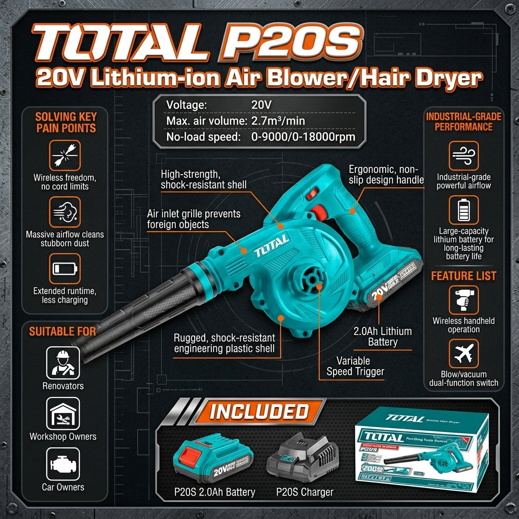 Soprador Industrial Recarregável TOTAL 20V Volume Máximo 2.7m³/min Velocidade Ajustável