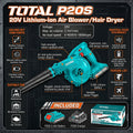 Soprador Industrial Recarregável TOTAL 20V Volume Máximo 2.7m³/min Velocidade Ajustável
