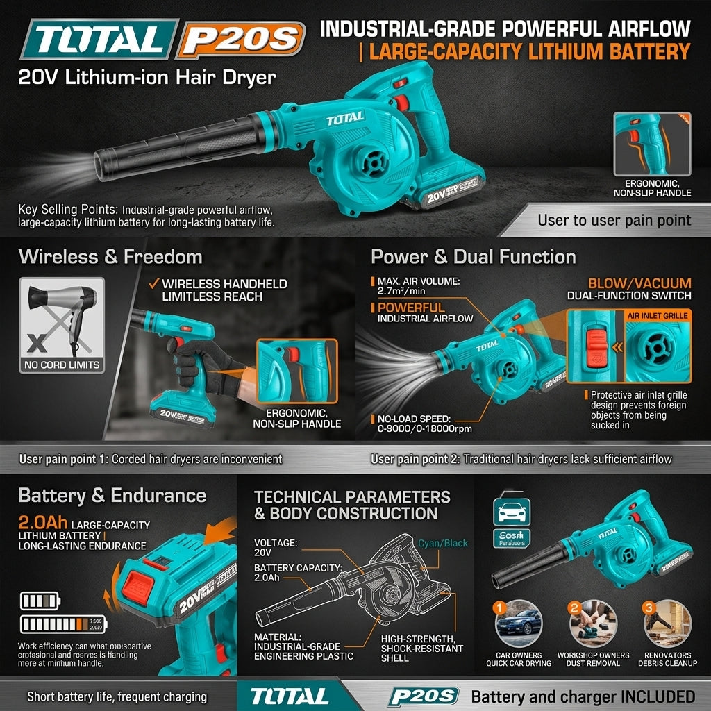 Soprador Industrial Recarregável TOTAL 20V Volume Máximo 2.7m³/min Velocidade Ajustável