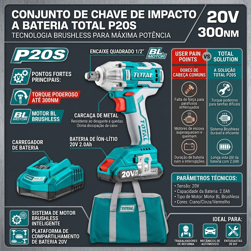 Chave de Impacto Sem Fio Motor BL TOTAL Plataforma P20S para Mecânica Automotiva e Reformas