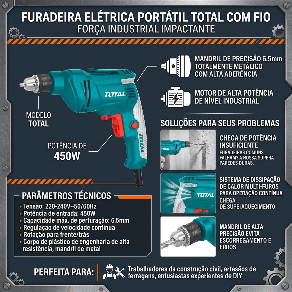 Furadeira Elétrica com Fio TOTAL 450W Mandril Metálico 6,5mm Velocidade Regulável