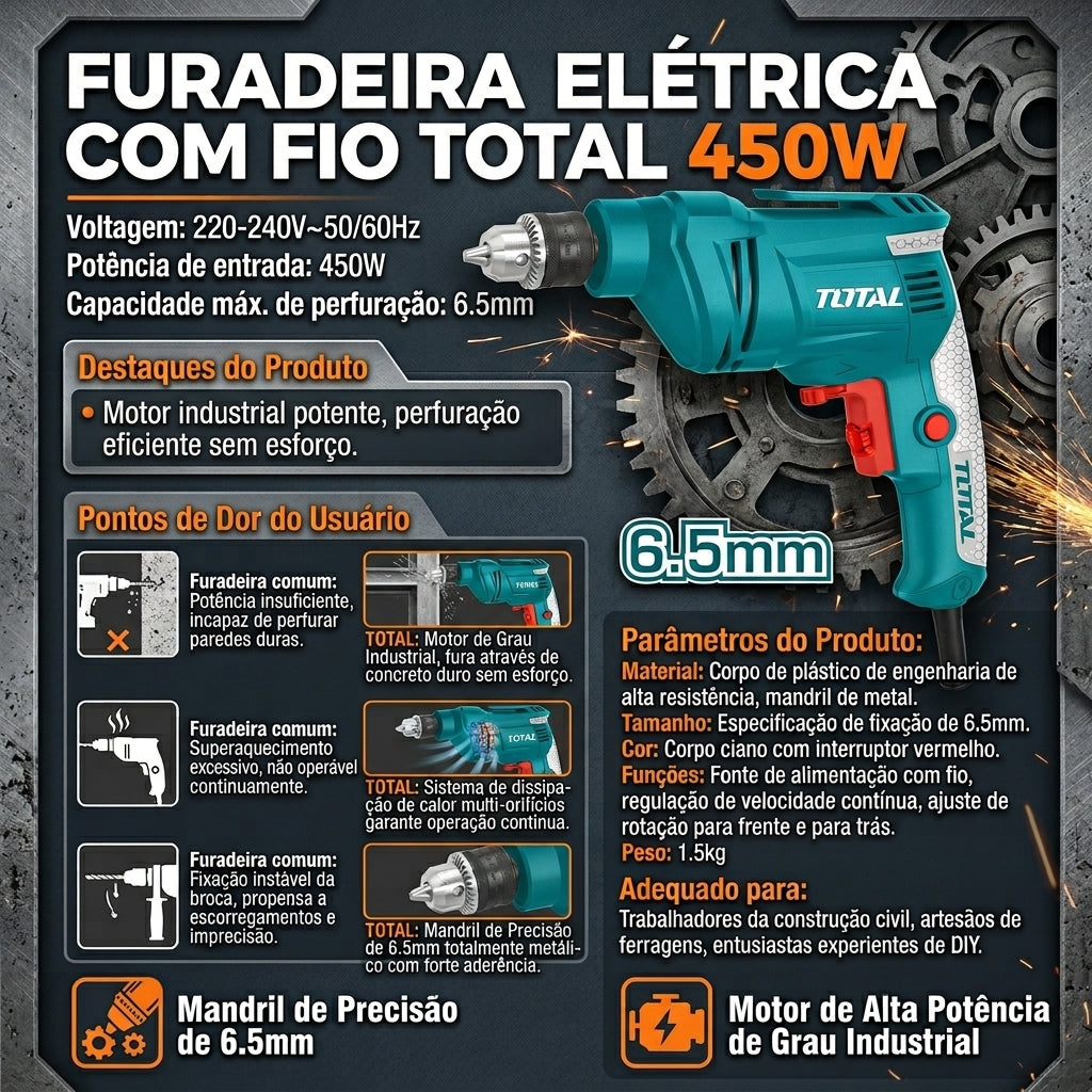 Furadeira Elétrica com Fio TOTAL 450W Mandril Metálico 6,5mm Velocidade Regulável