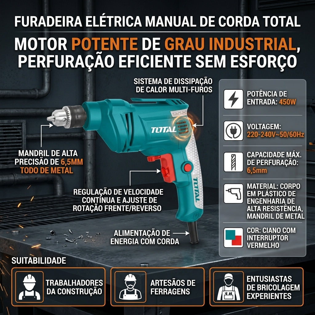 Furadeira Elétrica com Fio TOTAL 450W Mandril Metálico 6,5mm Velocidade Regulável