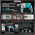 Furadeira de Impacto Industrial TOTAL 1010W Caixa de Engrenagens Metálica Punho Auxiliar 360°