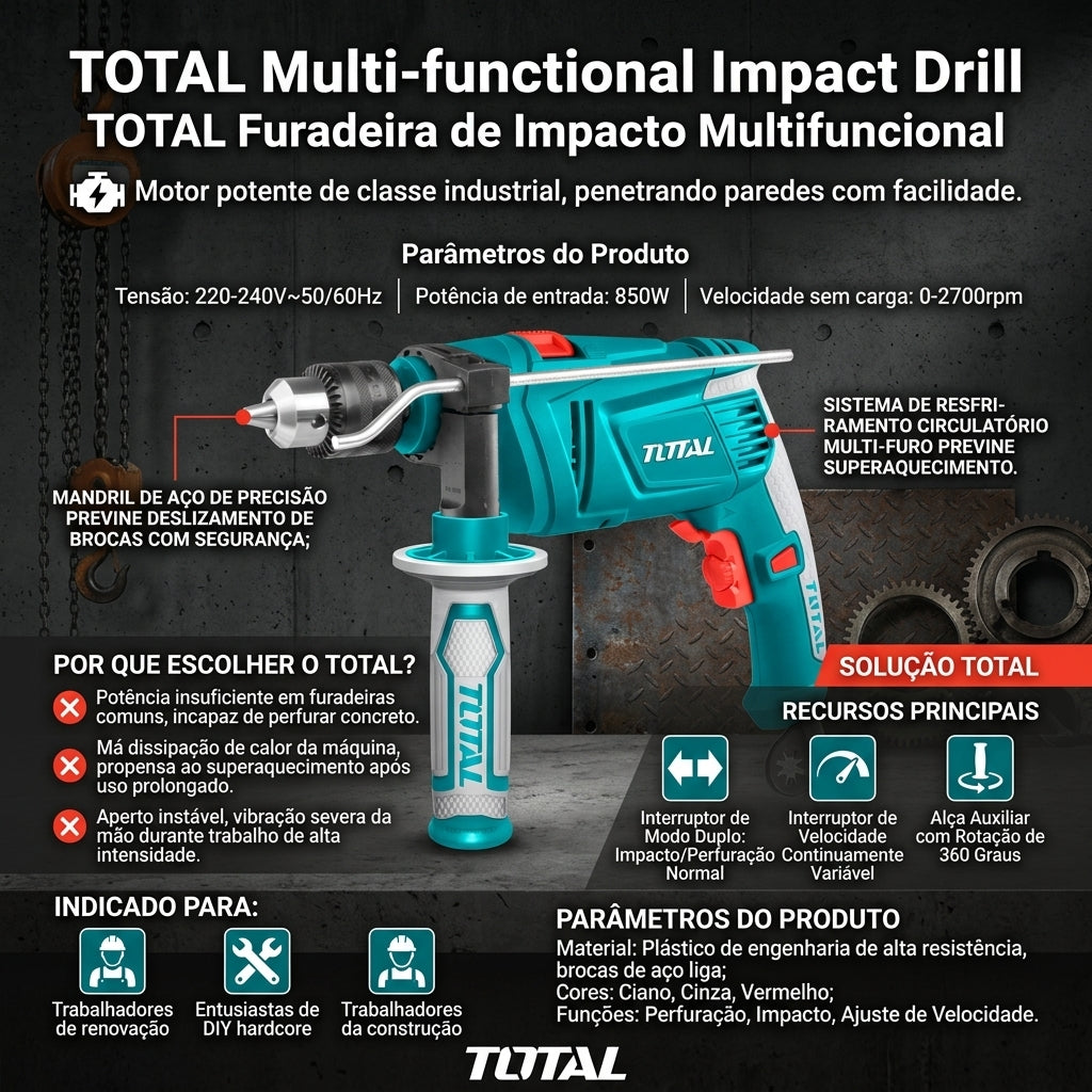 Berbequim de Impacto Multifuncional TOTAL 850W Punho Auxiliar 360° Velocidade Variável