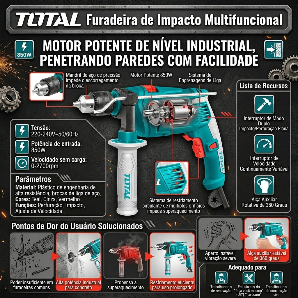 Berbequim de Impacto Multifuncional TOTAL 850W Punho Auxiliar 360° Velocidade Variável