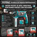 Berbequim de Impacto Multifuncional TOTAL 850W Punho Auxiliar 360° Velocidade Variável
