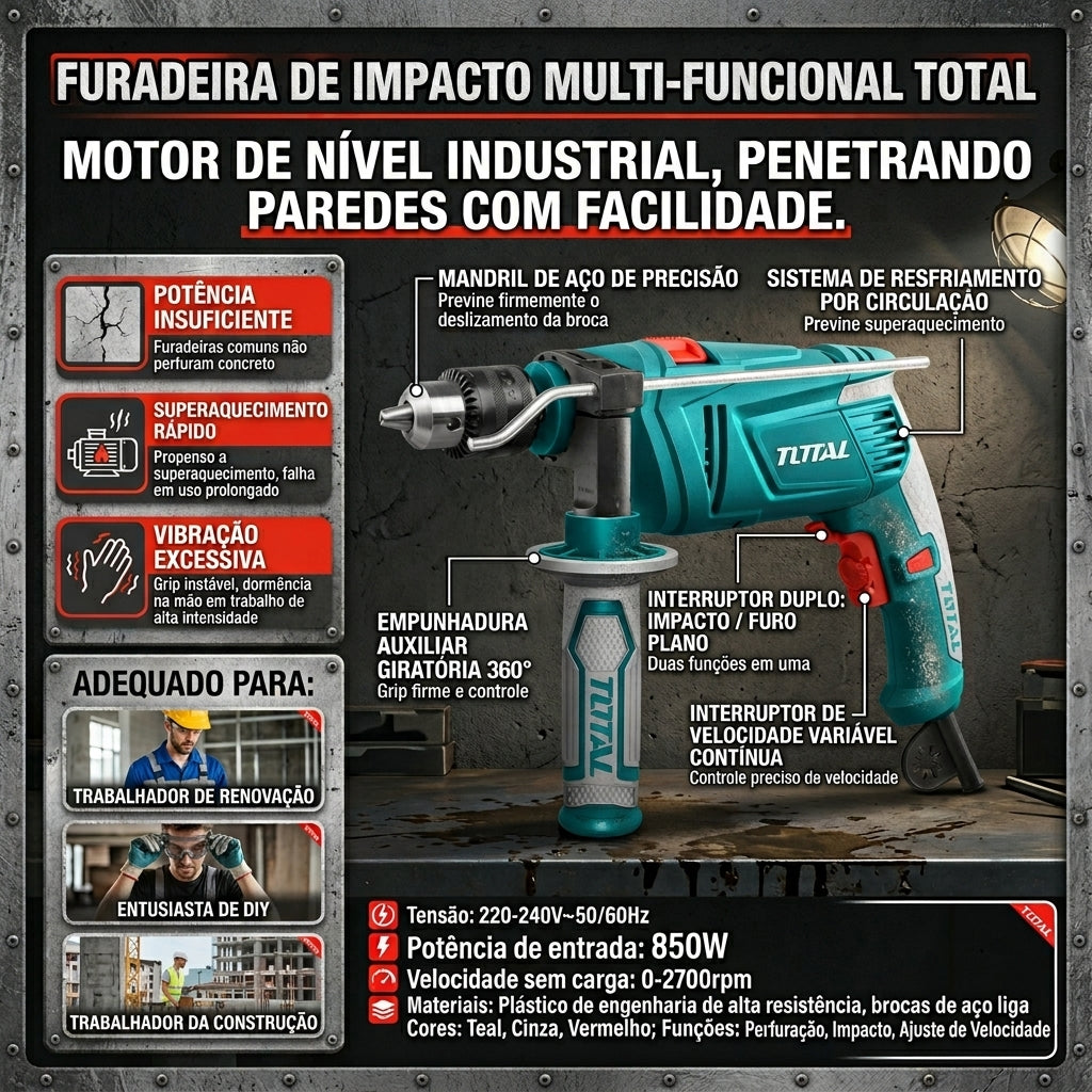 Berbequim de Impacto Multifuncional TOTAL 850W Punho Auxiliar 360° Velocidade Variável