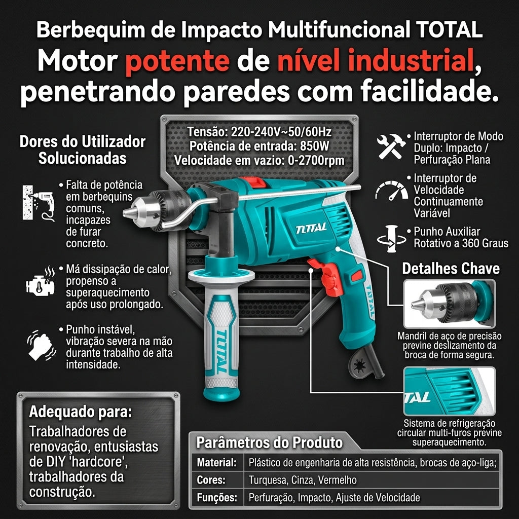 Berbequim de Impacto Multifuncional TOTAL 850W Punho Auxiliar 360° Velocidade Variável