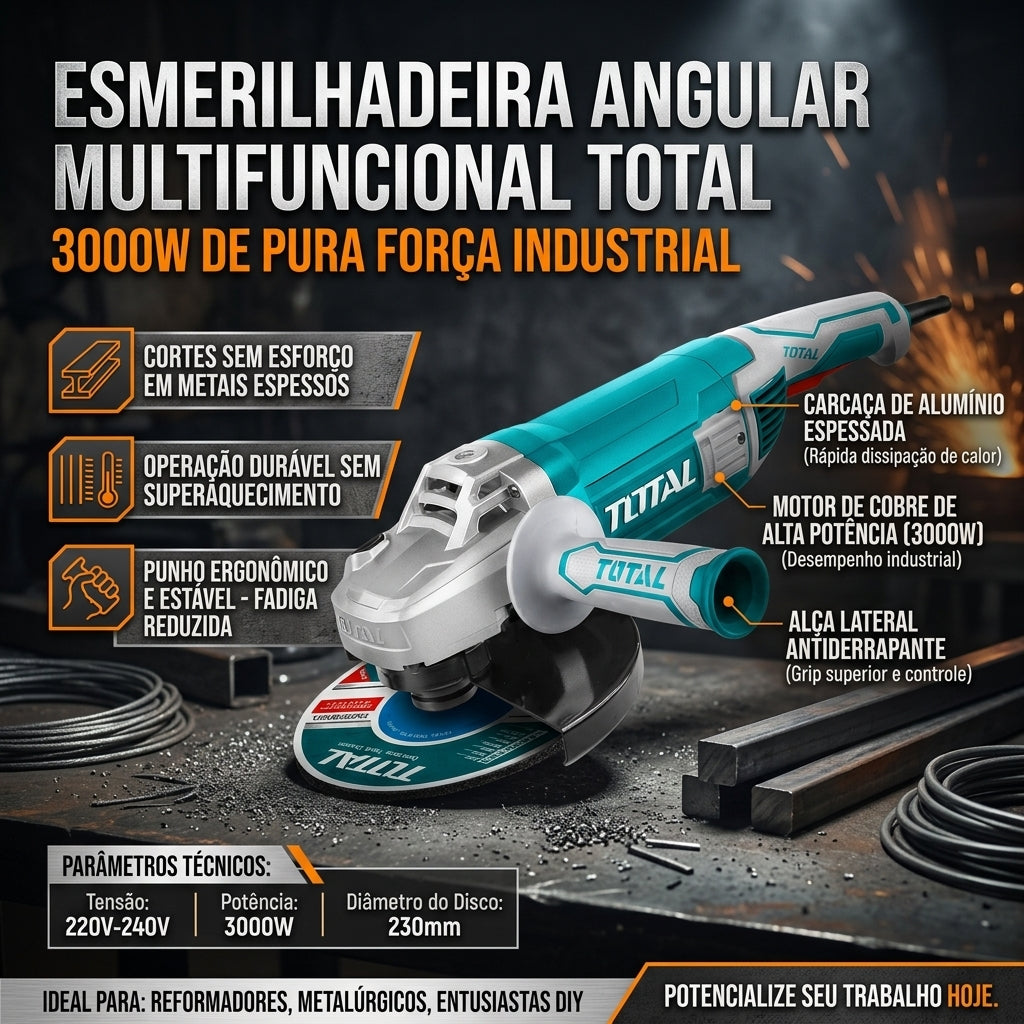 Esmerilhadeira Angular Multifuncional TOTAL 3000W Disco 230mm Motor Cobre Industrial