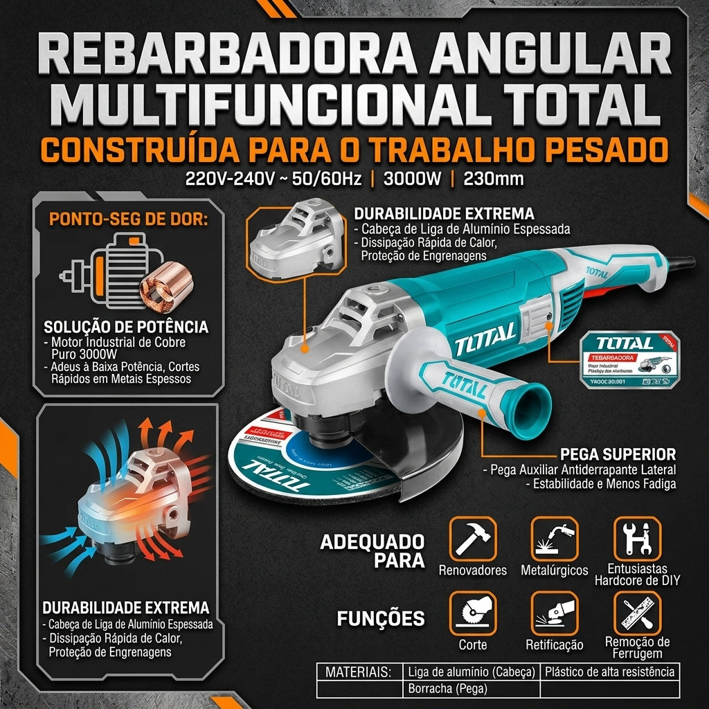 Esmerilhadeira Angular Multifuncional TOTAL 3000W Disco 230mm Motor Cobre Industrial