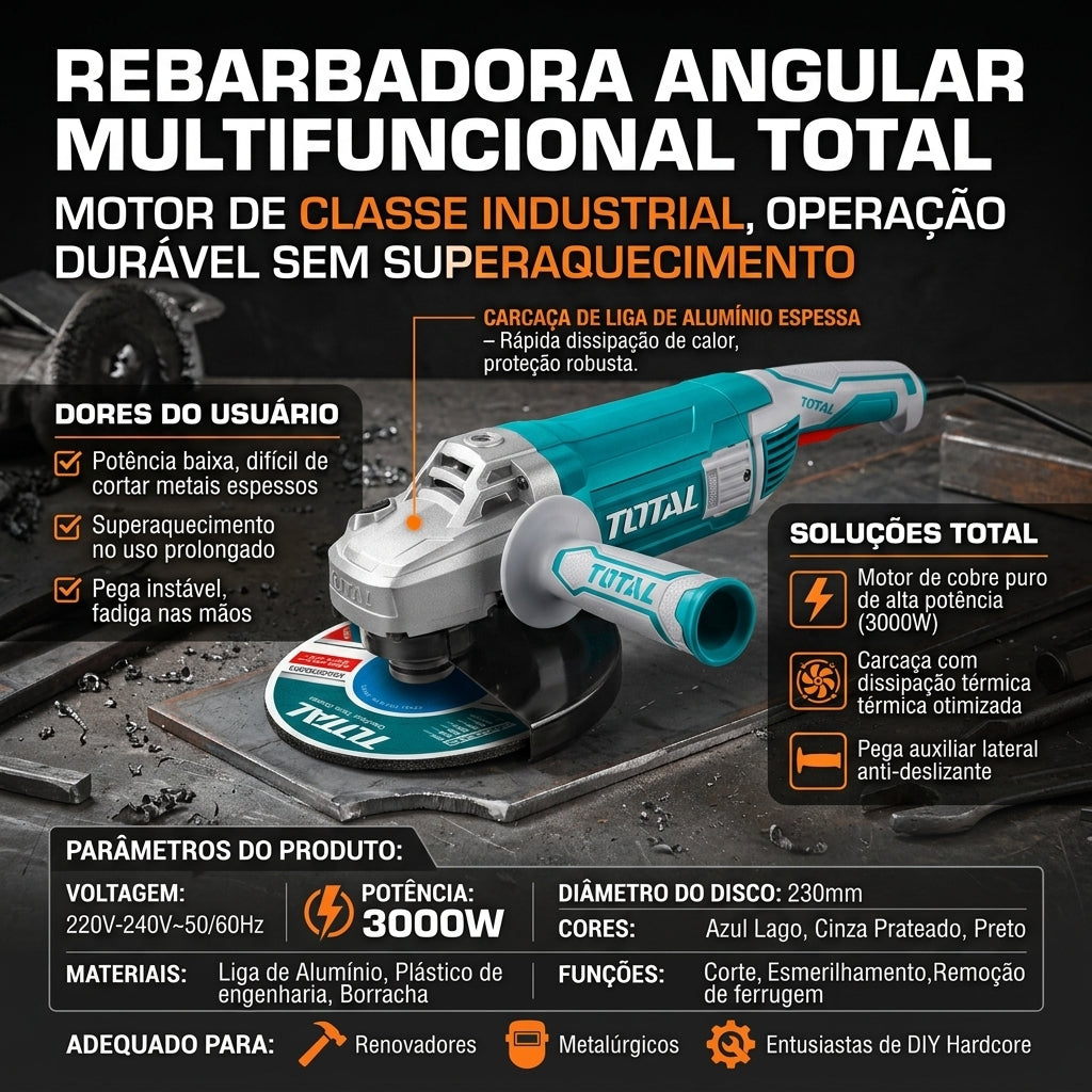 Esmerilhadeira Angular Multifuncional TOTAL 3000W Disco 230mm Motor Cobre Industrial