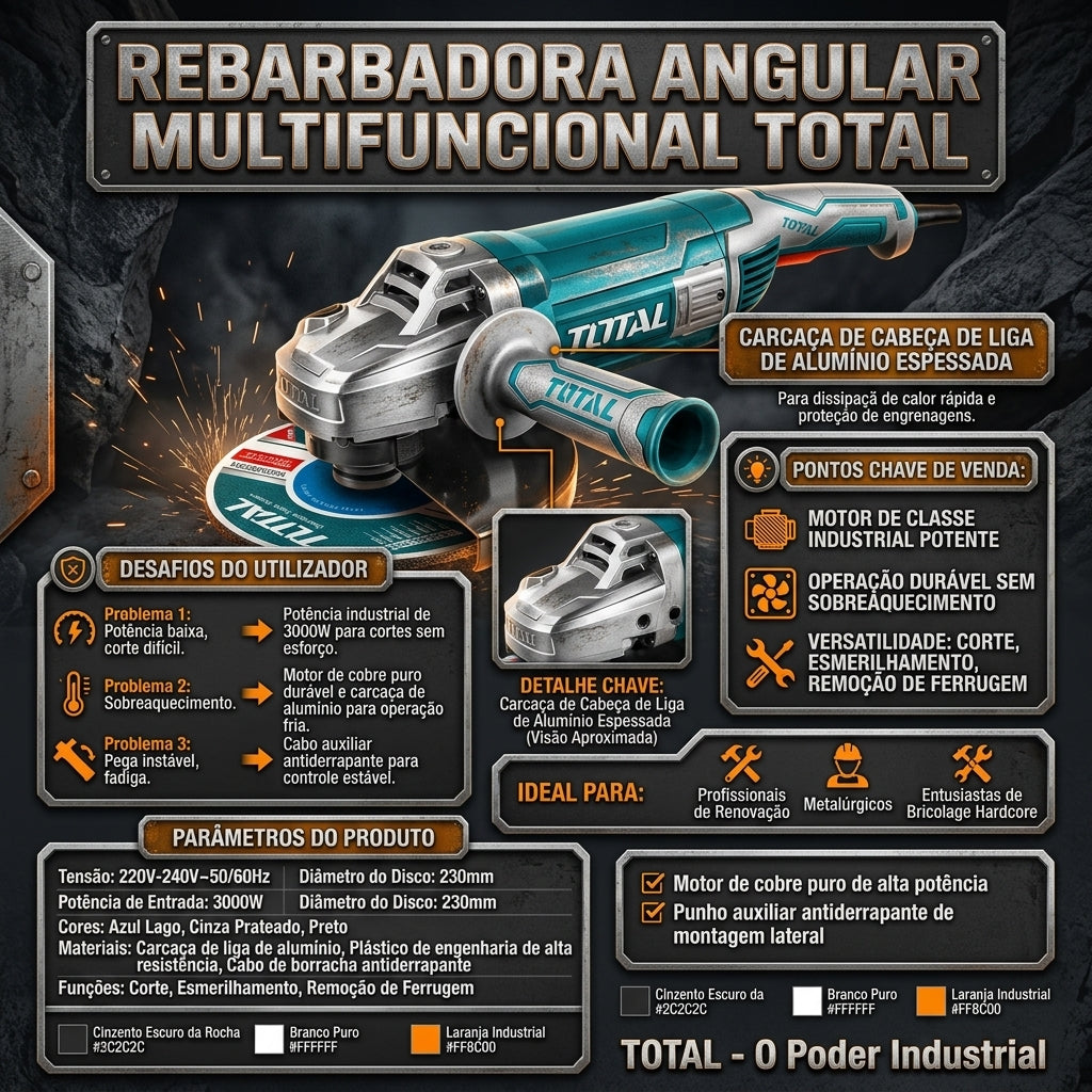 Esmerilhadeira Angular Multifuncional TOTAL 3000W Disco 230mm Motor Cobre Industrial