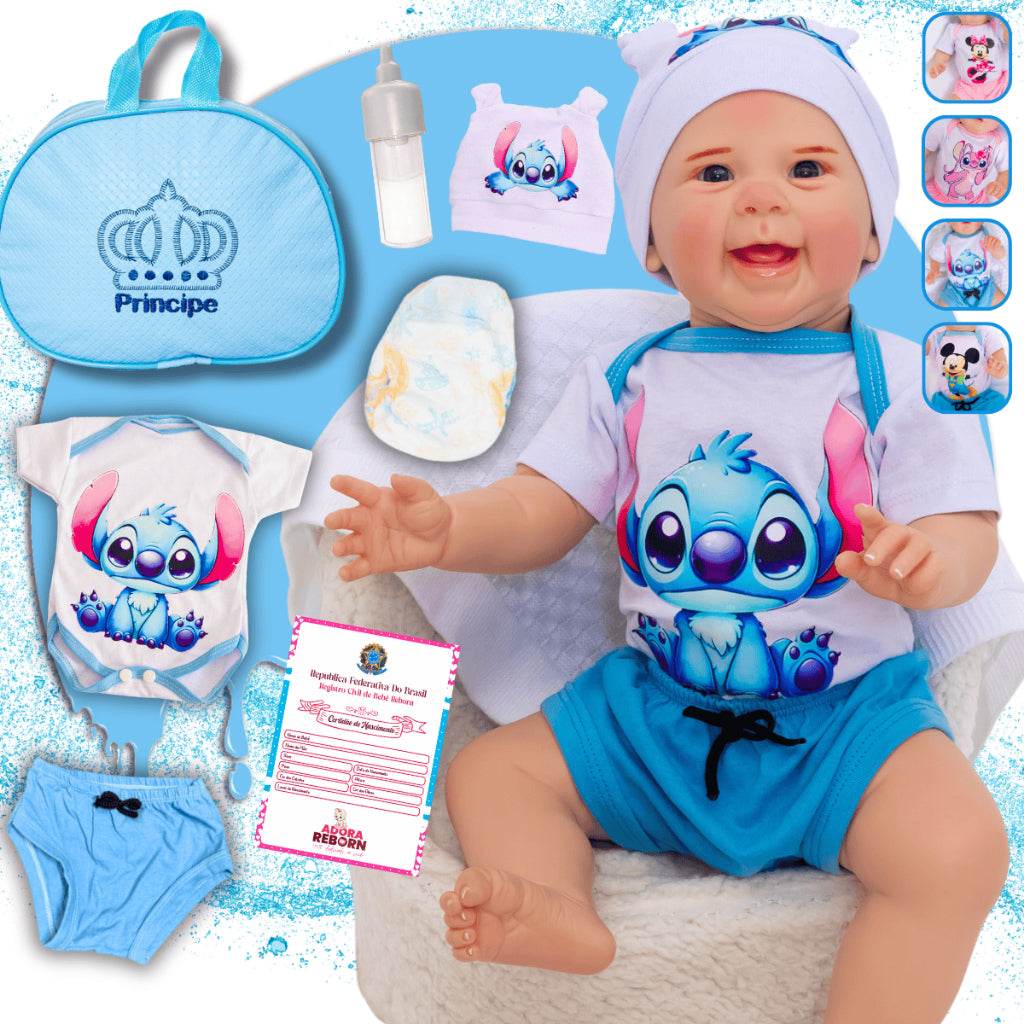 Bebê Reborn Boneco Stitch Menino Original Realista de Silicone Pode Dar Banho