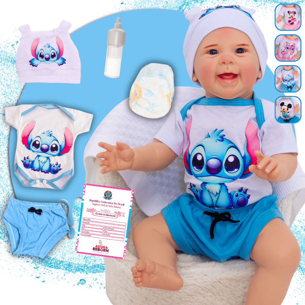 Bebê Reborn Boneco Stitch Menino Original Realista de Silicone Pode Dar Banho