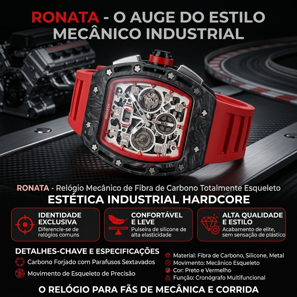 Relógio Ronata Racing Fibra de Carbono | Mecânico Esqueleto Automático Cronógrafo