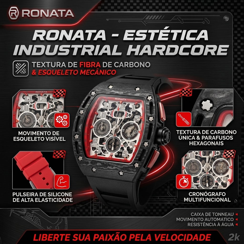 Relógio Ronata Racing Fibra de Carbono | Mecânico Esqueleto Automático Cronógrafo