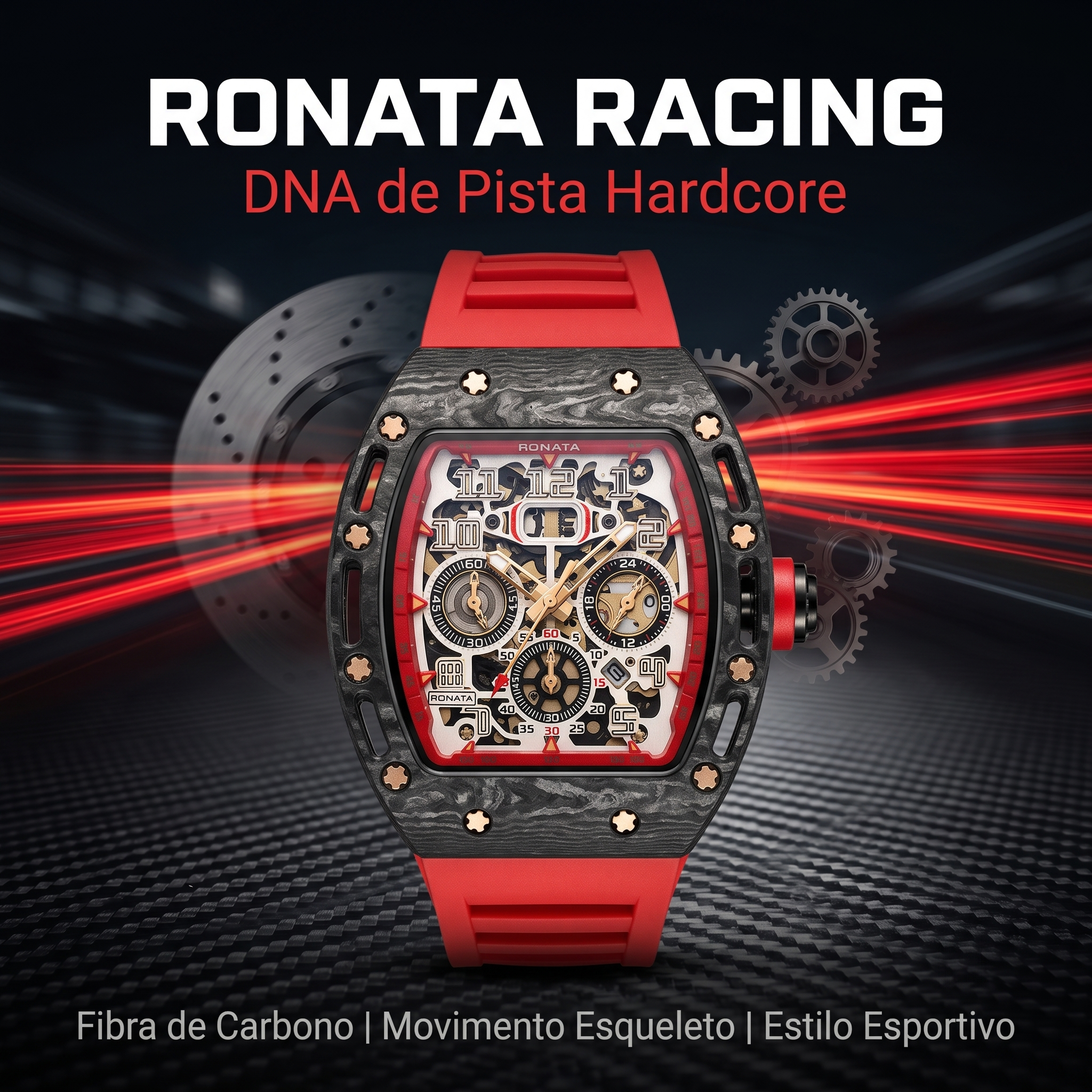 Relógio Ronata Racing Fibra de Carbono | Mecânico Esqueleto Automático Cronógrafo